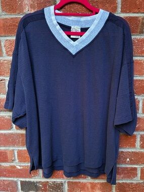 aerie Navy Short Sleeve V-Neck Top with White Trim